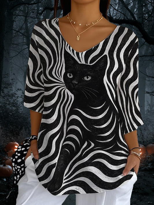 Top à manches longues décontracté pour femmes Black Cat Stripes