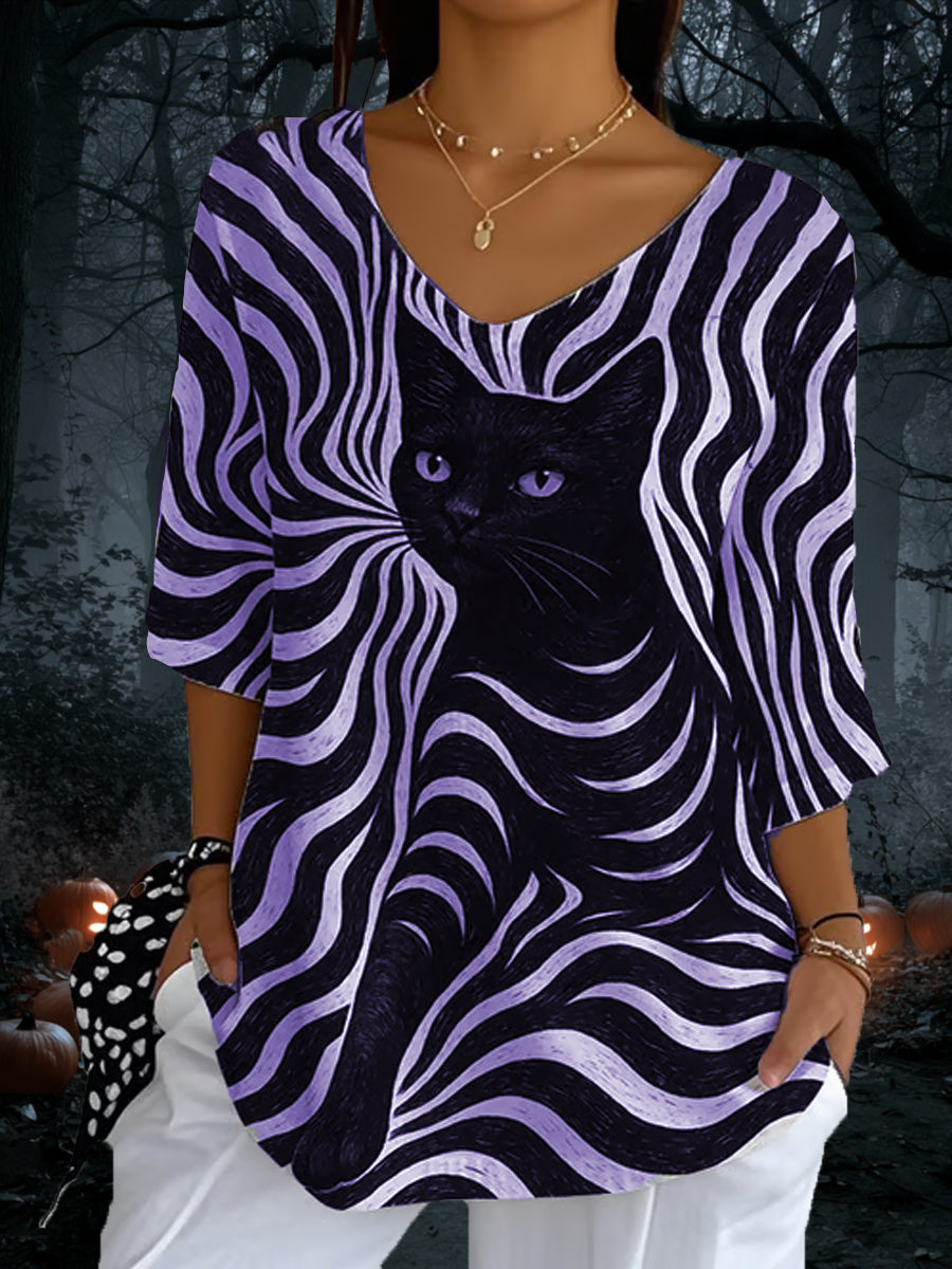 Top à manches longues décontracté pour femmes Black Cat Stripes