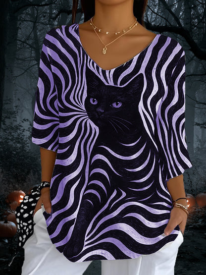 Top à manches longues décontracté pour femmes Black Cat Stripes