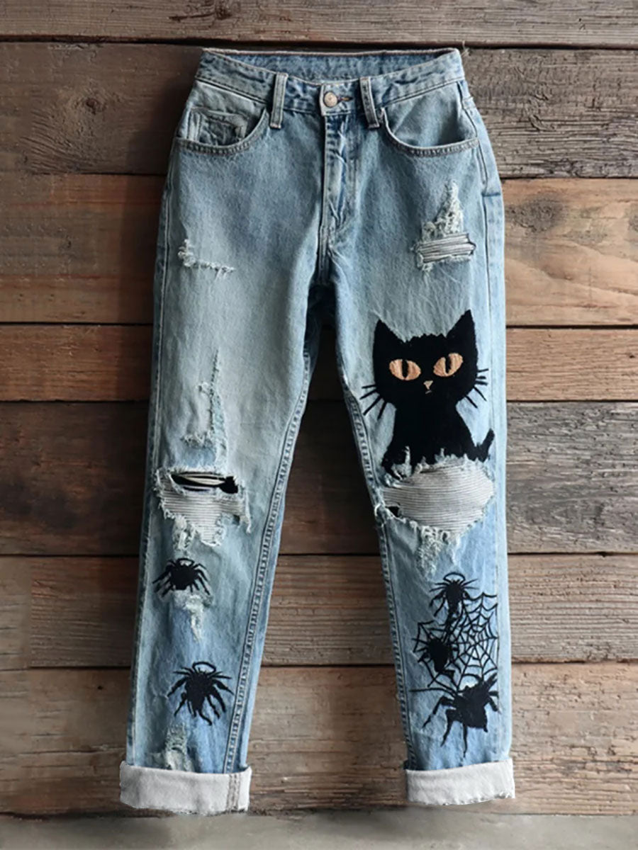 Pantalon décontracté à imprimé chat Halloween pour femmes
