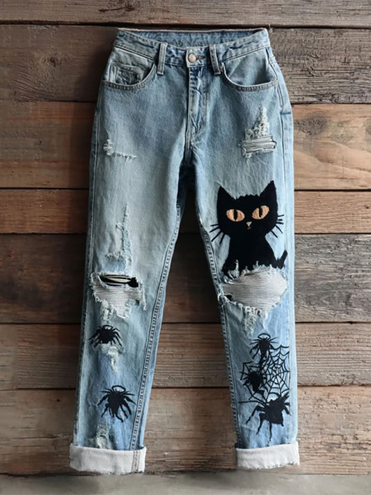 Pantalon décontracté à imprimé chat Halloween pour femmes
