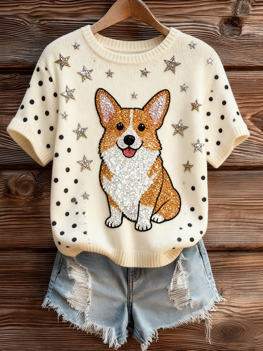 Haut à manches courtes en tricot confortable imprimé animal artistique pour femme