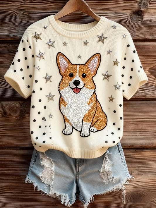 Haut à manches courtes en tricot confortable imprimé animal artistique pour femme