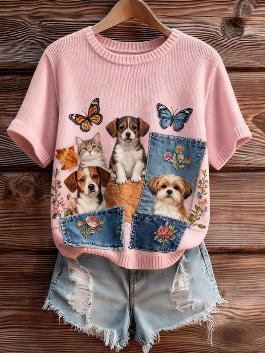 Haut à manches courtes en tricot confortable imprimé animal artistique pour femme