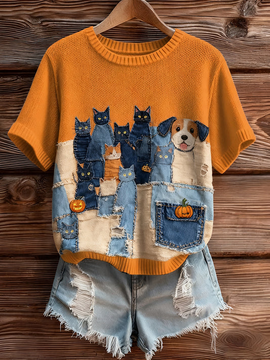 Haut à manches courtes en tricot confortable imprimé animal artistique pour femme