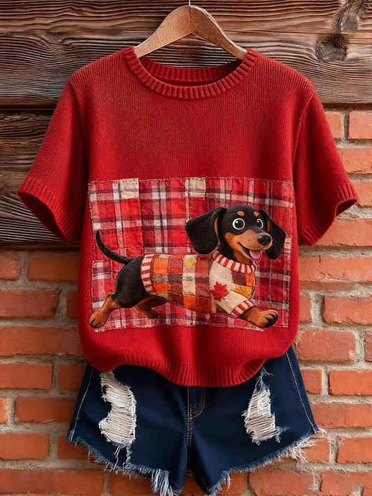 Haut à manches courtes en tricot confortable imprimé animal artistique pour femme