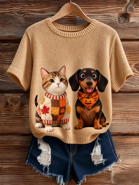 Haut à manches courtes en tricot confortable imprimé animal artistique pour femme