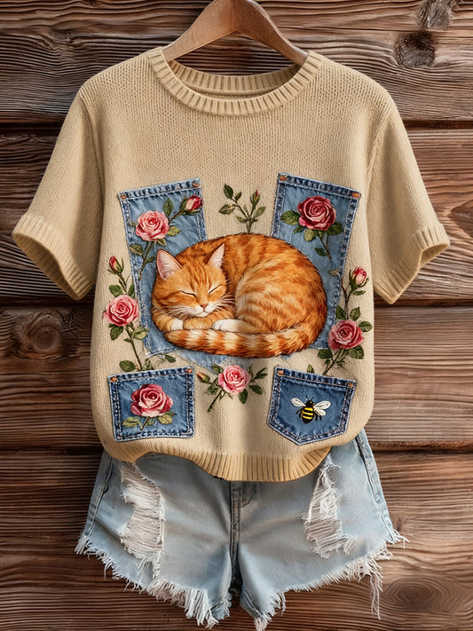 Haut à manches courtes en tricot confortable imprimé animal artistique pour femme