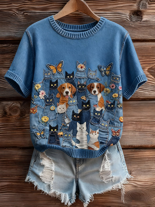 Haut à manches courtes en tricot confortable imprimé animal artistique pour femme