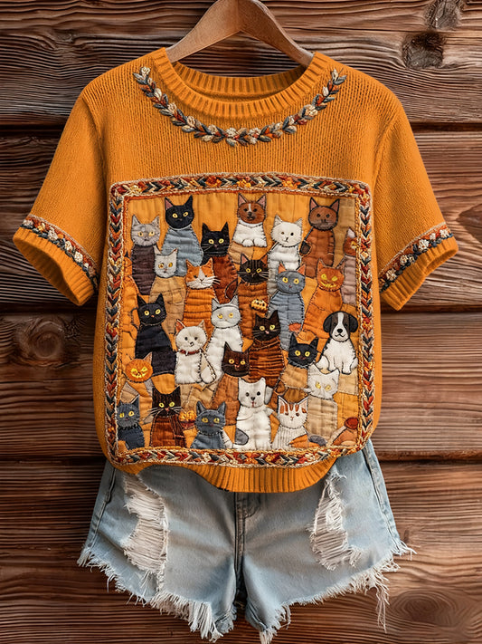 Haut à manches courtes en tricot confortable imprimé animal artistique pour femme