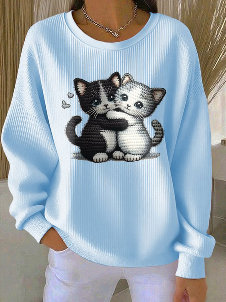 Femme Coupe Chat Côtelé Col Rond Sweatshirt