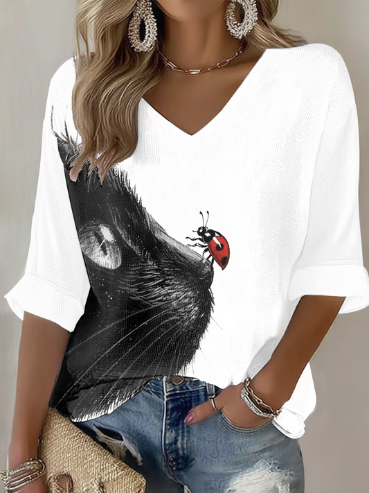 T-shirt imprimé de gaufre de chat mignon des femmes