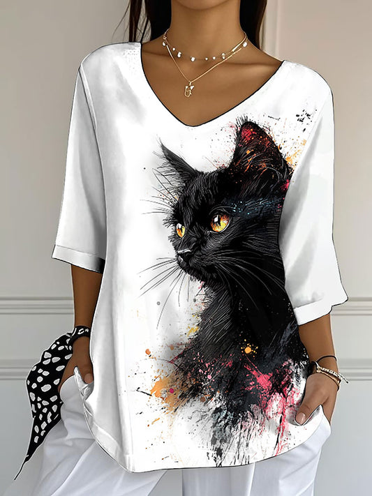T-shirt à manches courtes imprimé chat mignon pour femme