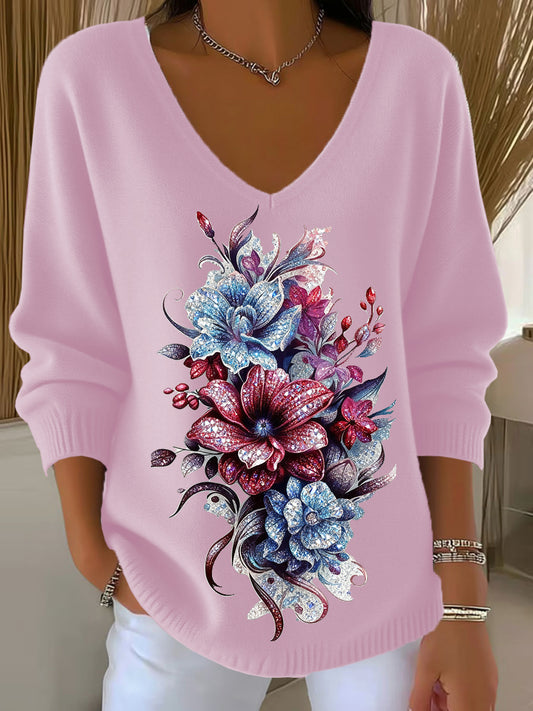Haut Décontracté Rétro Animal Art Floral Col V Femme