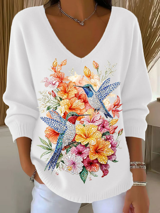 Haut Décontracté Rétro Animal Art Floral Col V Femme