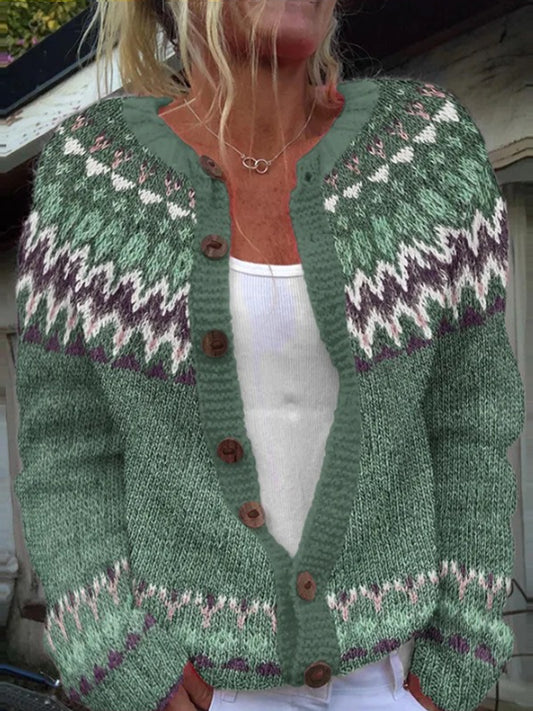 Pull Islandais Hiver Femme Col Rond Bouton Lâche Chunky Tricot Cardigan Pull