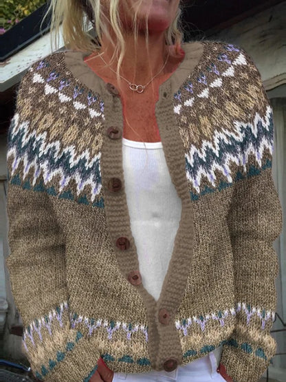 Pull Islandais Hiver Femme Col Rond Bouton Lâche Chunky Tricot Cardigan Pull