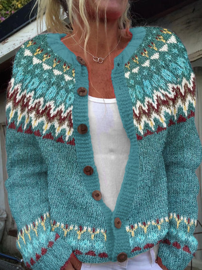 Pull Islandais Hiver Femme Col Rond Bouton Lâche Chunky Tricot Cardigan Pull