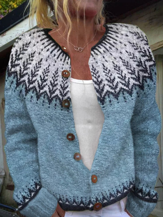 Pull Islandais Hiver Femme Col Rond Bouton Lâche Chunky Tricot Cardigan Pull