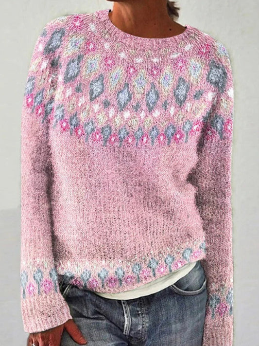 Pull islandais pour femme Jacquard Casual confortable pull col rond