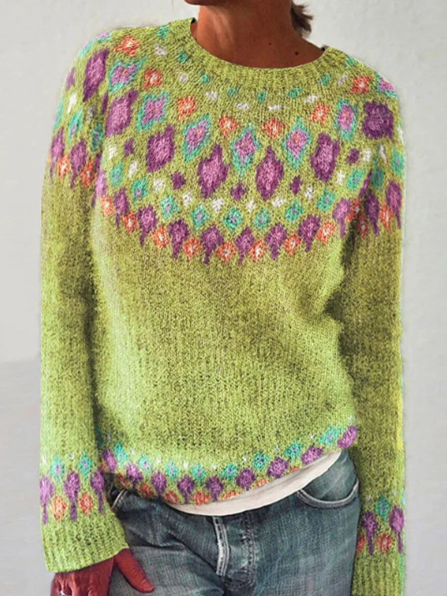 Pull islandais pour femme Jacquard Casual confortable pull col rond