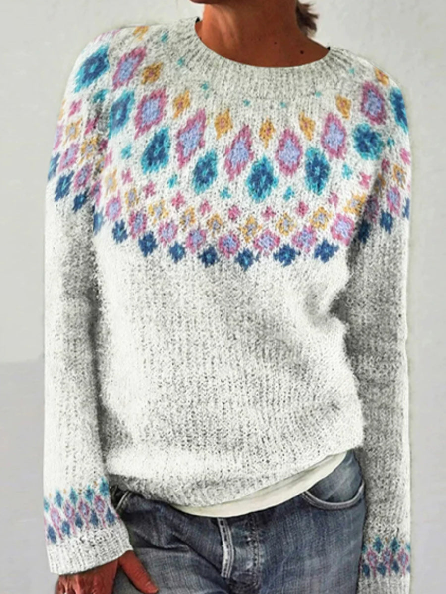 Pull islandais pour femme Jacquard Casual confortable pull col rond