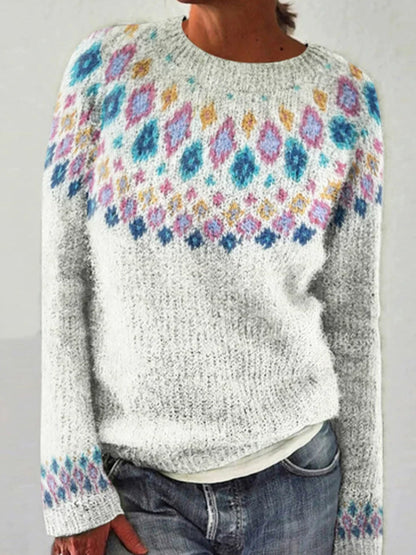 Pull islandais pour femme Jacquard Casual confortable pull col rond