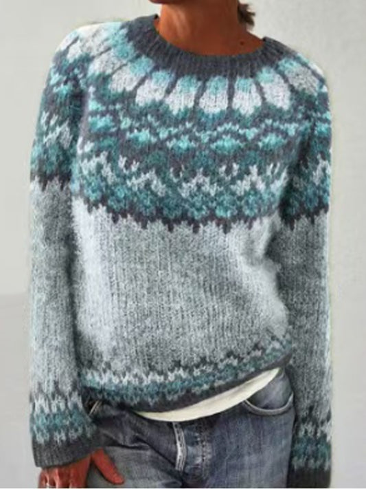 Pull islandais pour femme Jacquard Casual confortable pull col rond