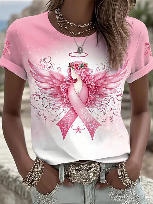 T-shirt col rond imprimé sensibilisation au cancer du sein pour femmes