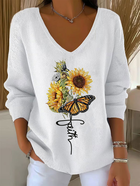 Haut Décontracté Rétro Animal Art Floral Col V Femme