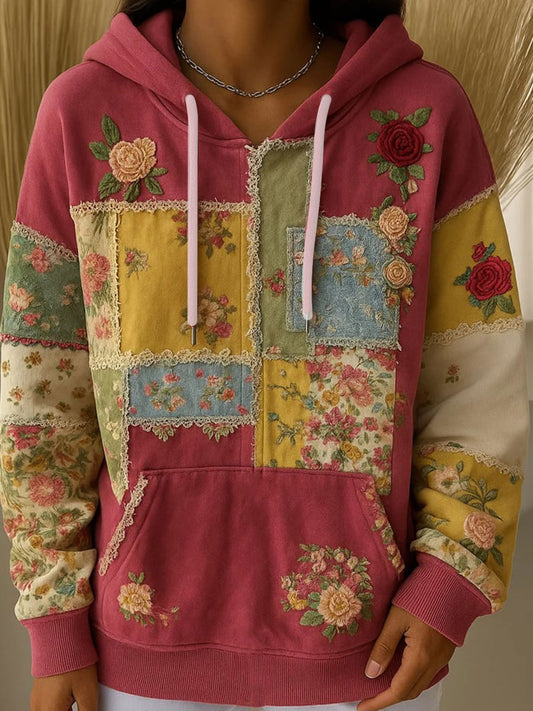 Chandail à capuchon Retro Art Floral Femme