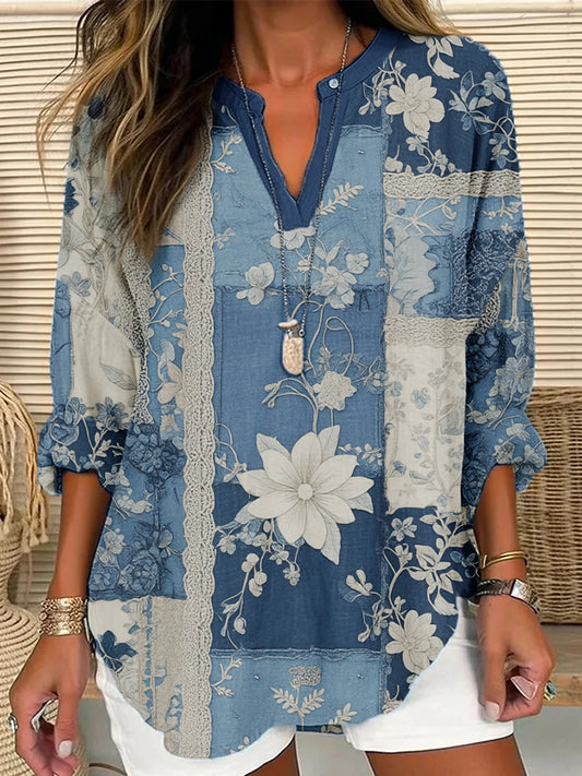 Les femmes Vintage Floral Patchwork Denim coton et lin décontracté chemise à manches longues