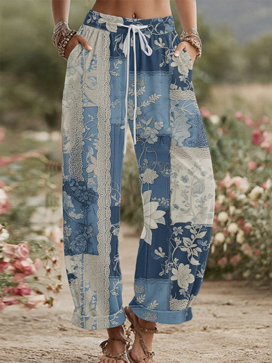 Femmes Vintage Floral Patchwork Denim Coton et Lin Pantalon
