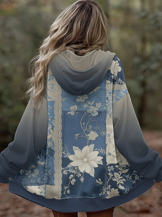 Femmes Vintage Floral Patchwork Denim Zipper Cardigan à capuche