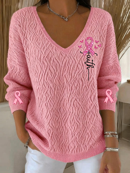 Retro Breast Cancer Diamond Faith Print Pull à manches longues