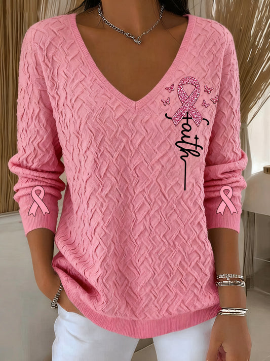Women'Retro Breast Cancer Diamond Faith Print Pull à manches longues