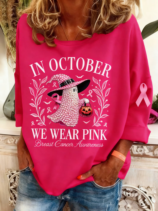 Le cancer du sein rétro diamant-clouté Halloween Ghost Print Sweatshirt à manches longues