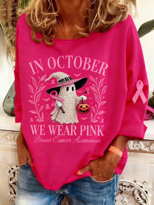 Le cancer du sein rétro diamant-clouté Halloween Ghost Print Sweatshirt à manches longues