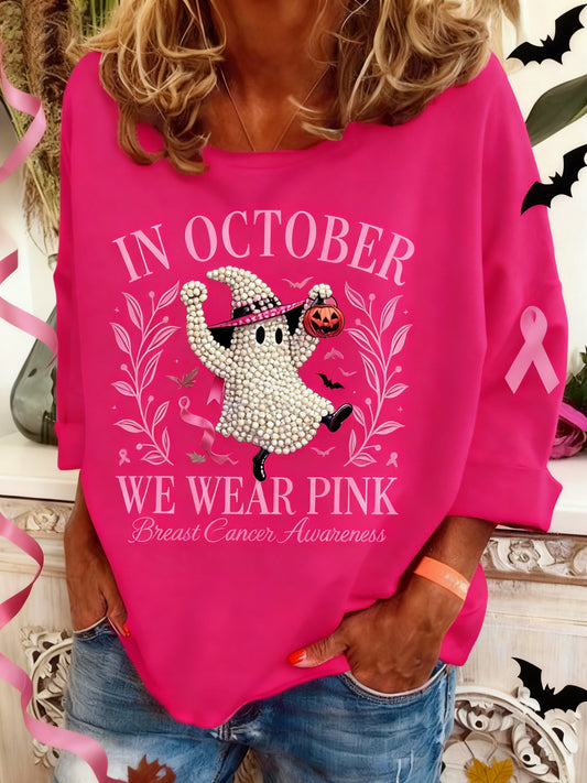 Le cancer du sein rétro diamant-clouté Halloween Ghost Print Sweatshirt à manches longues