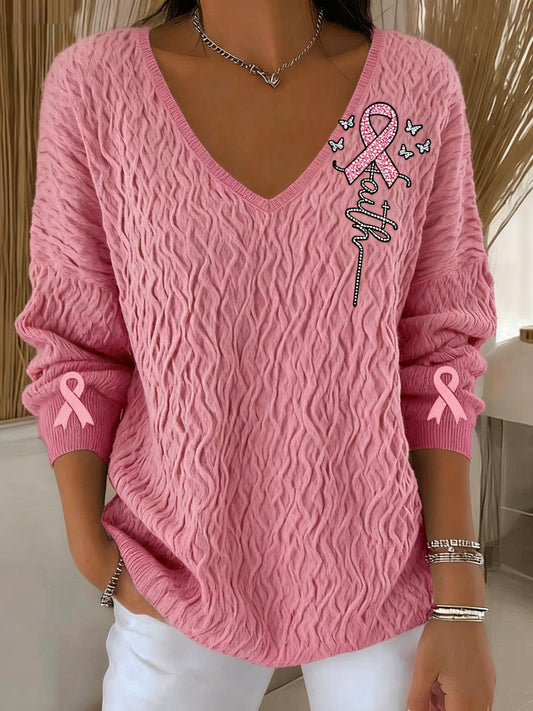 Retro Breast Cancer Diamond Faith Print Pull à manches longues