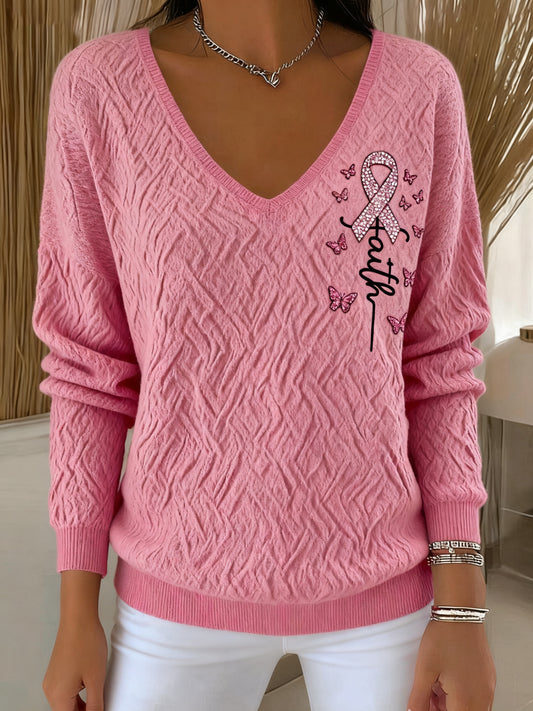 Retro Breast Cancer Diamond Faith Print Pull à manches longues