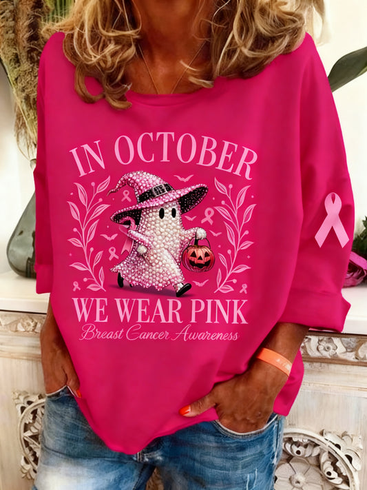Le cancer du sein rétro diamant-clouté Halloween Ghost Print Sweatshirt à manches longues