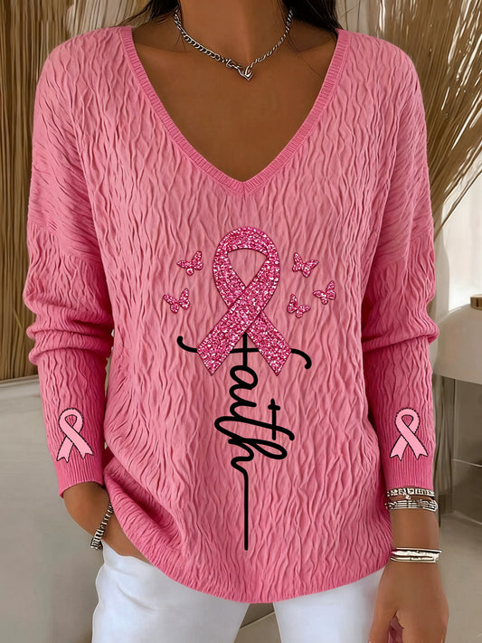 Retro Breast Cancer Diamond Faith Print Pull à manches longues