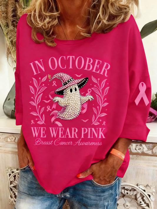 Le cancer du sein rétro diamant-clouté Halloween Ghost Print Sweatshirt à manches longues