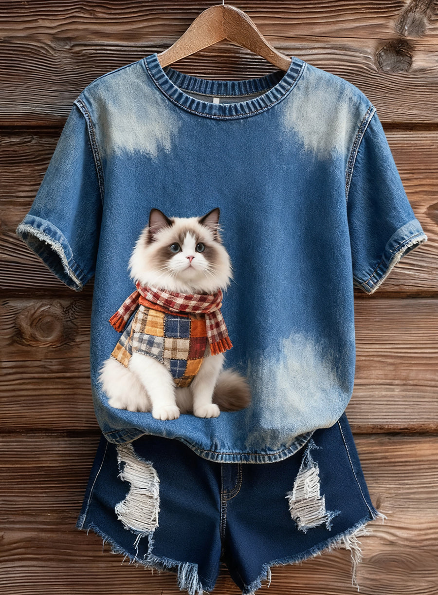 Top à manches courtes en tricot confortable imprimé animal artistique pour femmes