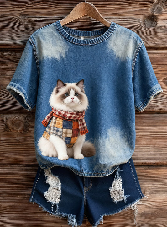 Top à manches courtes en tricot confortable imprimé animal artistique pour femmes