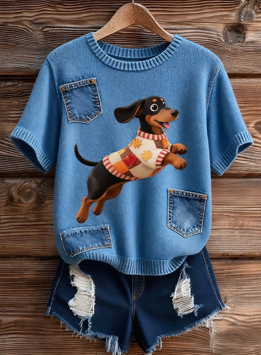 Top à manches courtes en tricot confortable imprimé animal artistique pour femmes