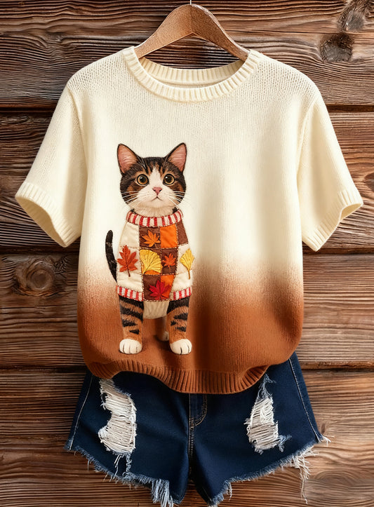 Top à manches courtes en tricot confortable imprimé animal artistique pour femmes