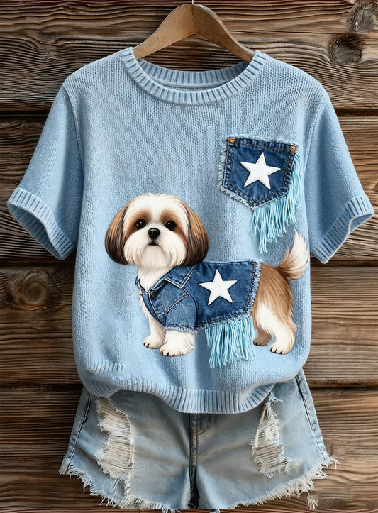 Top à manches courtes en tricot confortable imprimé animal artistique pour femmes