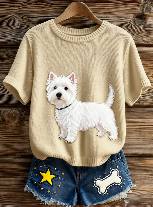 Top à manches courtes en tricot confortable imprimé animal artistique pour femmes